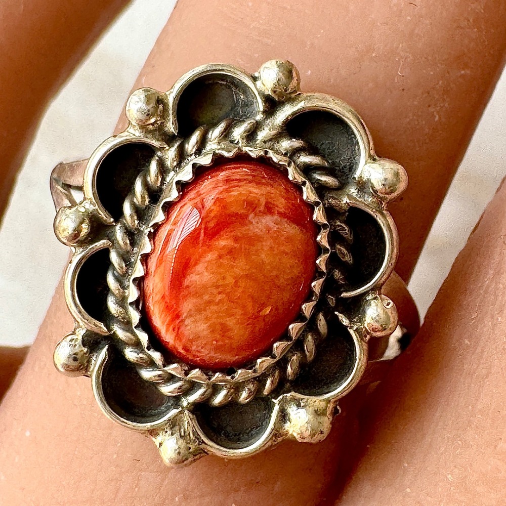 Navajo Flower Ring Orange Spiny Oyster Sz 9 Sterling Silver Native Signed Morgan